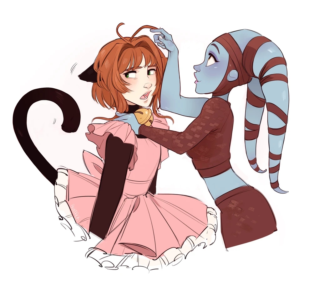 aayla_secura alien allimack animal_humanoid blue_body blue_skin blush brown_hair cardcaptor_sakura cat_humanoid crossover duo felid felid_humanoid feline feline_humanoid female female/female hair human humanoid kinomoto_sakura lekku_(anatomy) lips mammal mammal_humanoid open_mouth sakura_kinomoto star_wars teeth twi'lek