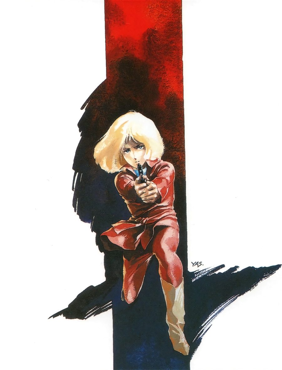 1980s_(style) 1girl aiming aiming_at_viewer animage blonde_hair boots english_commentary gun gundam handgun kneeling magazine_scan mobile_suit_gundam official_art painting_(medium) promotional_art retro_artstyle sayla_mass scan science_fiction signature traditional_media weapon yasuhiko_yoshikazu