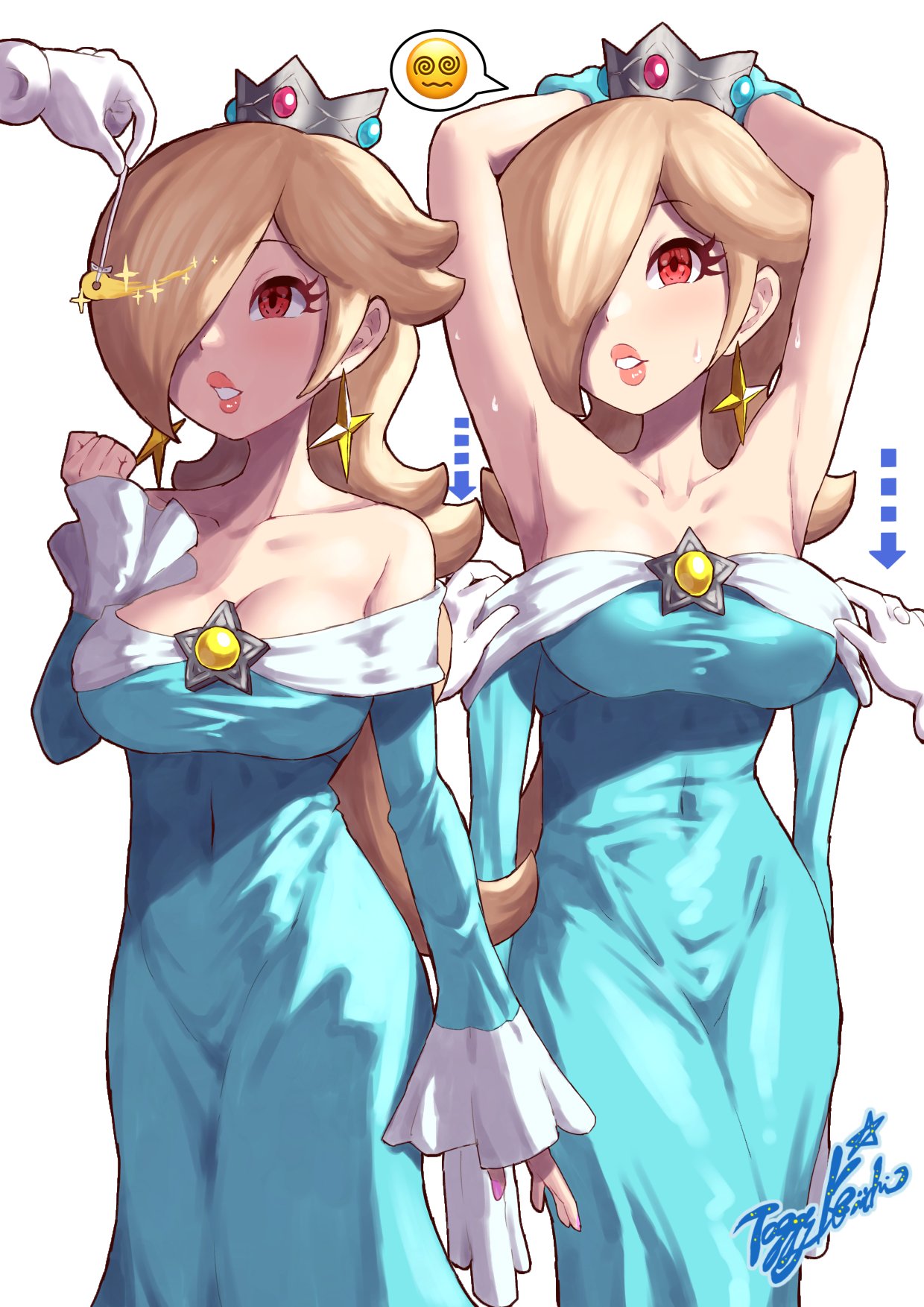 1girl @_@ aqua_dress armpits arms_up arrow_(symbol) artist_logo bare_shoulders blonde_hair breasts brooch cleavage collarbone covered_navel crown disembodied_limb dress earrings emoji hair_over_one_eye highres hypnosis jewelry large_breasts long_dress long_hair mario_(series) mind_control mini_crown multiple_views off-shoulder_dress off_shoulder pink_lips pink_nails red_eyes rosalina simple_background smiley_face spoken_emoji star_(symbol) star_brooch star_earrings toggy_keiichi undressing_another white_background