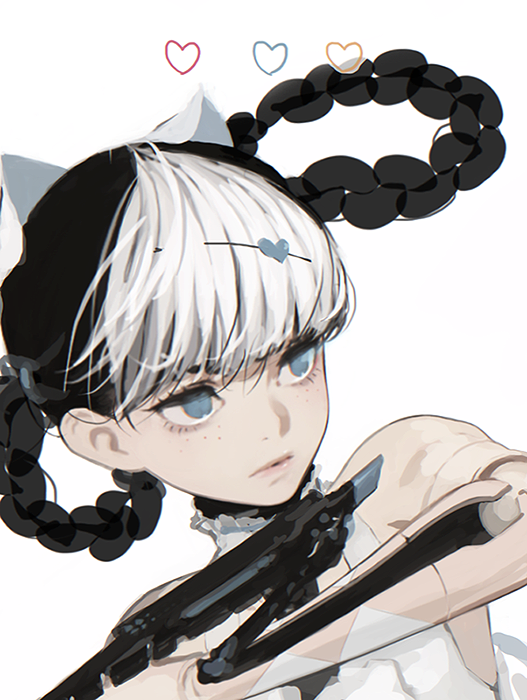 1girl animal_ears bambinata_(punishing:_gray_raven) black_hair blue_eyes braided_hair_rings cat_ears choker claw_(weapon) d.k fake_animal_ears freckles frilled_choker frills hair_ornament heart heart_hair_ornament mechanical_arms multicolored_hair punishing:_gray_raven solo two-tone_hair weapon white_background white_choker white_hair