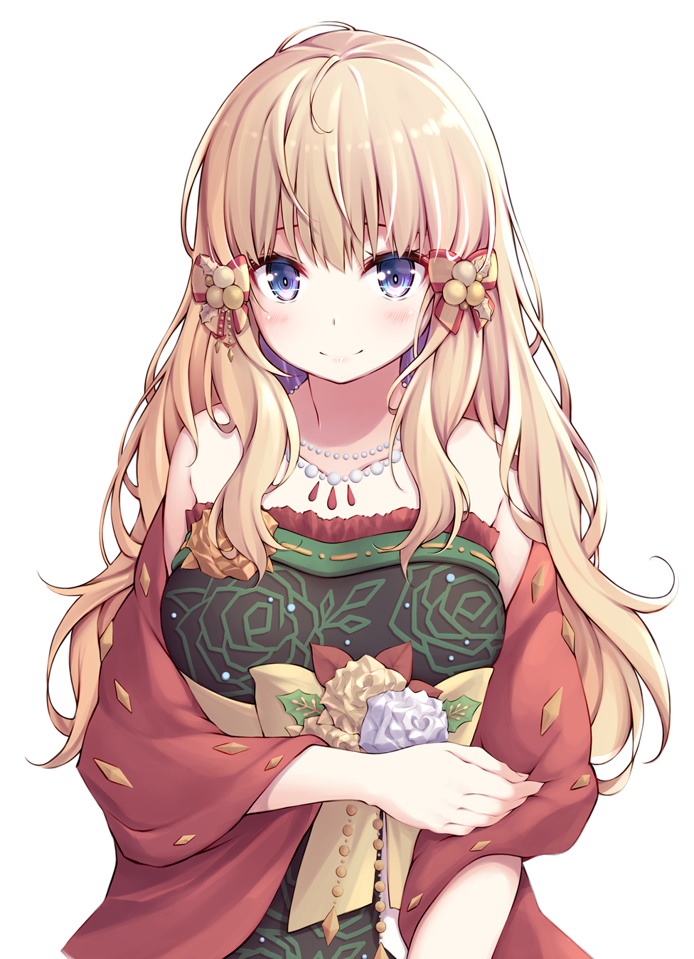 1girl bead_necklace beads blonde_hair bow dress elf flower_ornament green_dress hair_bow highres jewelry necklace pointy_ears red_shawl ribucci saren_(christmas)_(princess_connect!) saren_(princess_connect!) shawl strapless strapless_dress