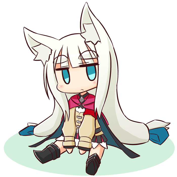 1girl 7th_dragon_(series) 7th_dragon_2020 :&lt; animal_ear_fluff animal_ears black_cape black_footwear blue_bow blue_eyes blush boots bow brown_jacket cape chibi chitrine_(7th_dragon) closed_mouth colored_shadow commentary_request full_body grey_hair hair_bow jacket jitome knee_boots long_hair long_sleeves looking_at_viewer lucier_(7th_dragon) naga_u puffy_long_sleeves puffy_sleeves shadow simple_background sitting solo thick_eyebrows very_long_hair white_background