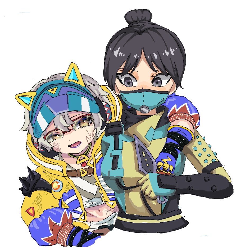 2girls animal_ear_headphones animal_ears animification apex_legends arm_around_shoulder black_hair blue_bodysuit blue_hat bodysuit brown_eyes cat_ear_headphones depths_of_the_void_wraith fake_animal_ears glasses gloves grey_eyes grey_hair hair_bun headphones holding holding_knife jacket knife kunai looking_down mask midriff mouth_mask multiple_girls navel official_alternate_costume purple_gloves purple_lips riku_(ururi7610) scar scar_on_stomach shirt short_hair single_hair_bun smile surprised thunder_kitty_wattson upper_body visor_cap wattson_(apex_legends) weapon white_background white_shirt wraith's_kunai wraith_(apex_legends) yellow_jacket