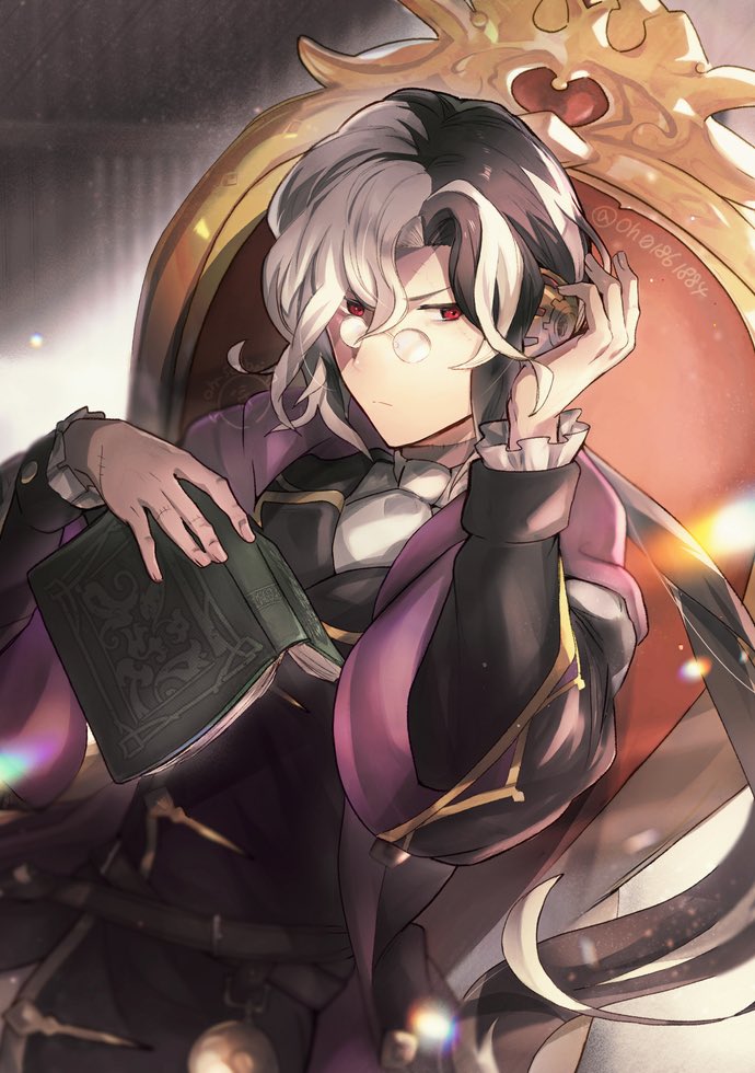 1boy armchair black_coat black_hair black_jacket book bookshelf chair closed_mouth coat curtained_hair dragalia_lost frilled_sleeves frills frown furrowed_brow hair_between_eyes hand_on_headphones headphones heinwald_(dragalia_lost) holding holding_book jacket layered_sleeves long_hair long_sleeves looking_at_viewer low_ponytail male_focus multicolored_hair necktie oh01861884 open_book open_clothes open_coat pince-nez red_eyes shirt sitting solo streaked_hair sunlight two-tone_hair upper_body white_hair white_necktie white_shirt