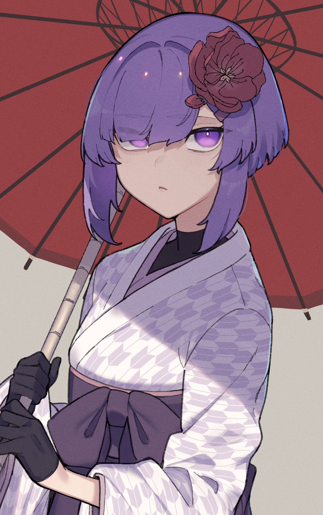 1girl a.i._voice alternate_costume black_gloves black_undershirt breasts closed_mouth commentary_request flower gloves grey_background hair_flower hair_ornament hair_over_one_eye hakama highres holding holding_umbrella japanese_clothes kimono long_sleeves looking_at_viewer oil-paper_umbrella print_kimono purple_eyes purple_hair purple_hakama purple_kimono red_flower shirt short_hair sidelocks simple_background small_breasts solo taishou toriniku29 turtleneck turtleneck_shirt umbrella underbust upper_body voiceroid wide_sleeves yagasuri yuzuki_yukari yuzuki_yukari_(shizuku)