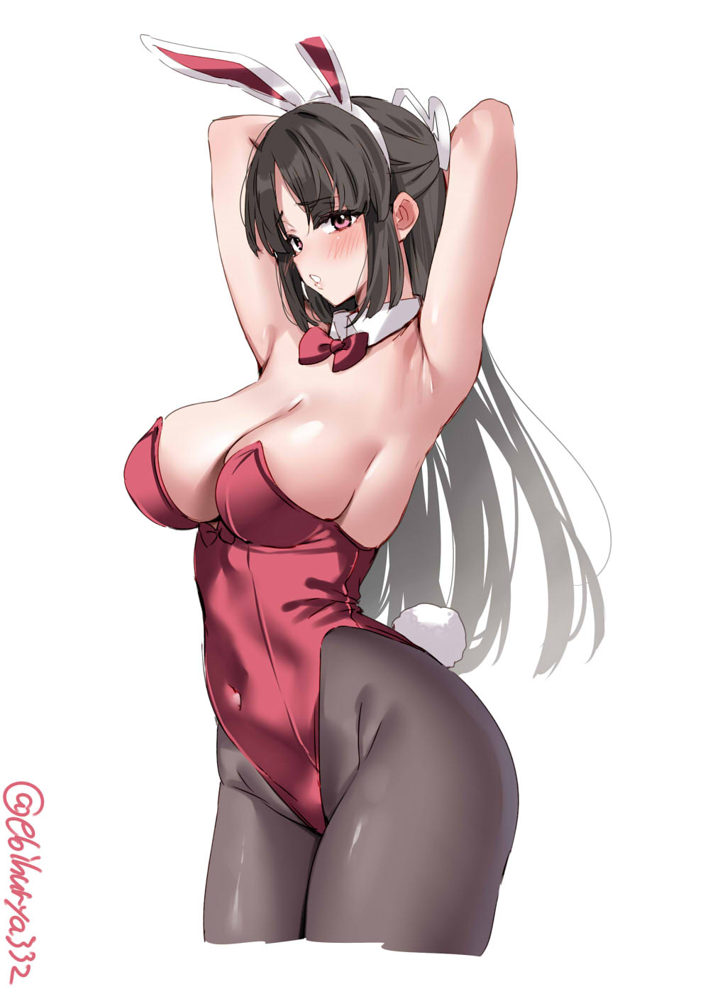 1girl animal_ears armpits arms_behind_head arms_up artist_name black_hair blush breasts cropped_legs detached_collar ebifurya fake_animal_ears hair_ribbon highleg highleg_leotard highres hiyou_(kancolle) kantai_collection large_breasts leotard long_hair looking_at_viewer one-hour_drawing_challenge pantyhose parted_bangs parted_lips playboy_bunny purple_eyes rabbit_ears rabbit_tail raised_eyebrows red_leotard ribbon sidelocks simple_background solo tail twitter_username white_background