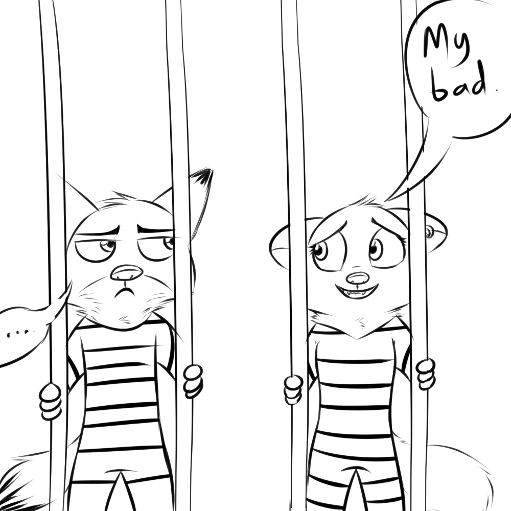... black_and_white canine comic disney duo ear_piercing english_text female fox gokhan16 line_art male mammal monochrome nick_wilde piercing prison simple_background skye_(zootopia) teenager text white_background young zootopia
