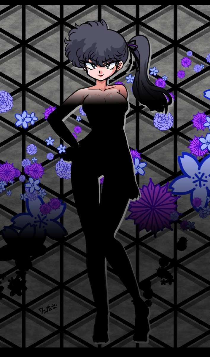 1girl arm_at_side black_hair breasts darkness floral_background flower full_body grey_eyes hair_ribbon hand_on_own_hip high_side_ponytail highres implied_nudity kunou_kodachi large_breasts lattice long_hair looking_past_viewer purple_flower purple_ribbon ranma_1/2 ribbon shadow signature smile smirk standing thigh_gap wanta_(futoshi)