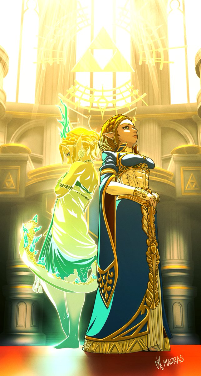 1girl antlers armlet blonde_hair blue_dress braid crown_braid dragon_girl dragon_tail dress dual_persona earrings highres horns jewelry looking_afar madras pointy_ears princess_zelda short_hair spoilers strapless strapless_dress tail the_legend_of_zelda the_legend_of_zelda:_tears_of_the_kingdom triforce white_dress wide_sleeves