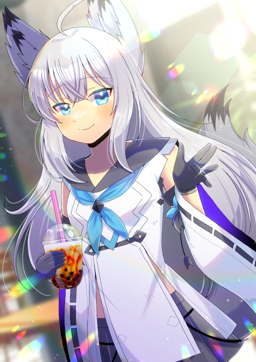 1girl ahoge animal_ear_fluff animal_ears azur_lane black_gloves blue_eyes blue_neckerchief blurry blurry_background bubble_tea closed_mouth commentary_request commission cup depth_of_field detached_sleeves disposable_cup drinking_straw dutch_angle glint gloves grey_hair grey_skirt hair_between_eyes holding holding_cup jewelry kawakaze_(kancolle) kou_hiyoyo long_hair long_sleeves looking_at_viewer neckerchief pleated_skirt ribbon-trimmed_sleeves ribbon_trim ring skeb_commission skirt smile solo tail very_long_hair white_sleeves wide_sleeves