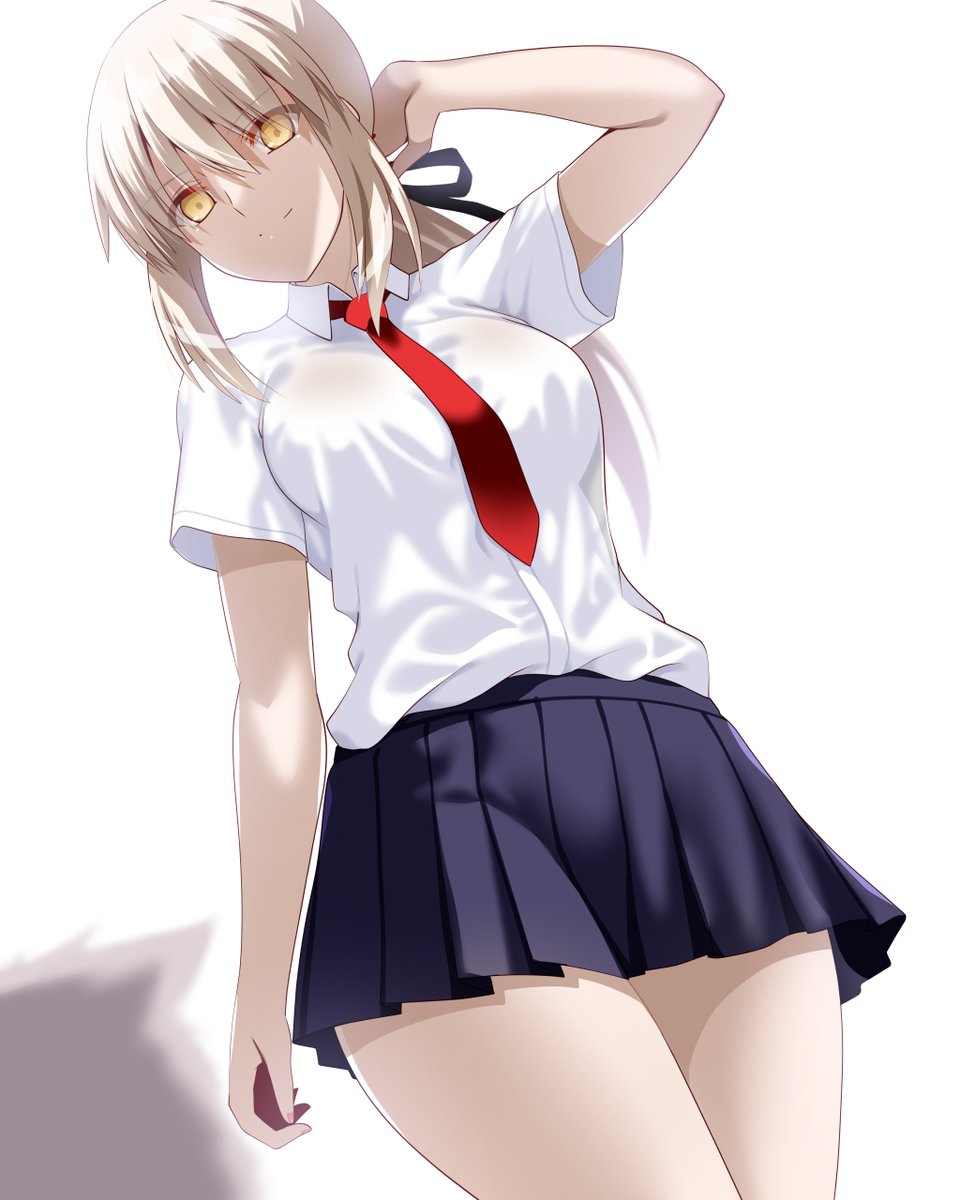 1girl artoria_pendragon_(fate) black_ribbon black_skirt blonde_hair breasts cavall_the_2nd dog engo_(aquawatery) fate/grand_order fate_(series) hair_ribbon highres long_hair looking_at_viewer low_ponytail medium_breasts necktie ribbon saber_alter shirt short_sleeves sidelocks skirt smile solo_focus thighs white_shirt yellow_eyes