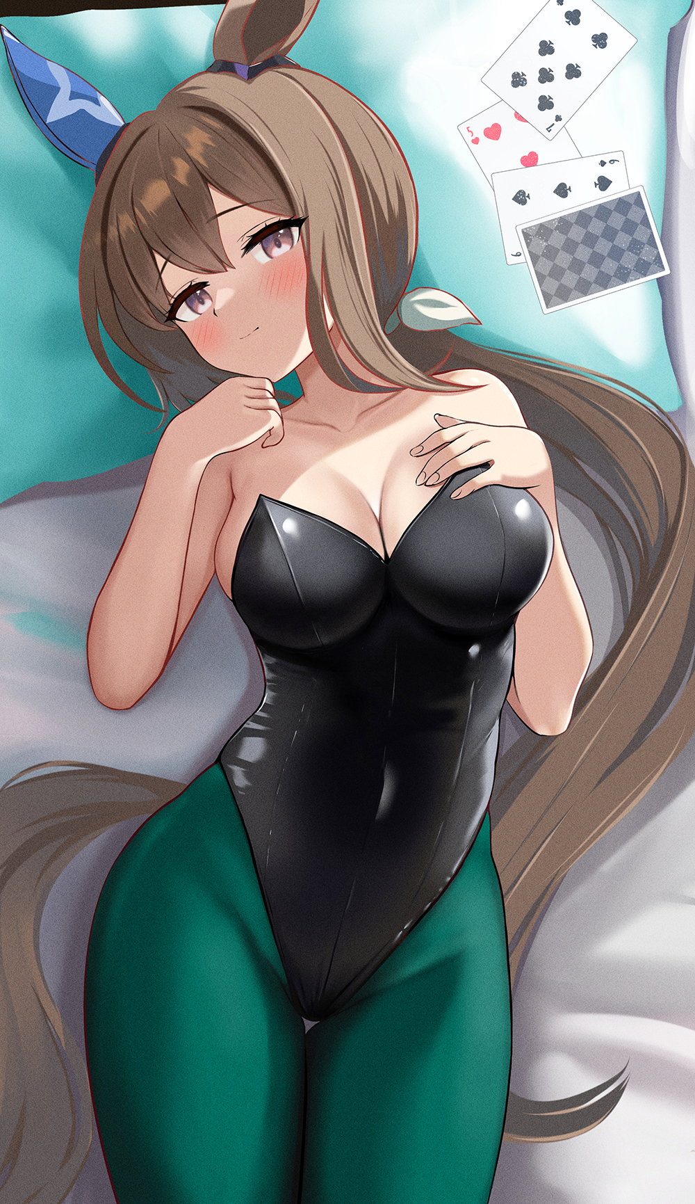 1girl admire_vega_(umamusume) animal_ears bare_shoulders bed black_leotard brown_hair card covered_navel cowboy_shot ear_covers five_of_hearts from_above fuyumisakura green_pantyhose hand_on_own_chest highres horse_ears horse_girl horse_tail leotard long_hair looking_at_viewer low_ponytail lying nontraditional_playboy_bunny pantyhose playing_card purple_eyes seven_of_clubs single_ear_cover six_of_spades solo strapless strapless_leotard tail thigh_gap umamusume