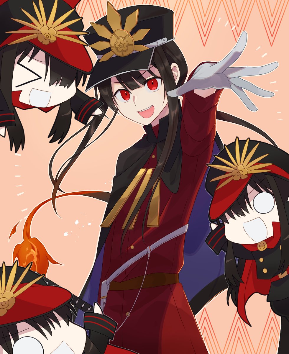 1boy :d black_cape black_hair black_hat cape chibi coat commentary_request fate/grand_order fate_(series) gloves hand_up highres kokiya long_sleeves looking_at_viewer mini_nobu_(fate) oda_nobukatsu_(fate) oda_uri open_mouth orange_background red_coat red_eyes simple_background smile solo_focus teeth upper_body upper_teeth_only white_gloves