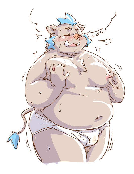 2024 anthro belly big_belly blush bodily_fluids bulge clothing ganglie_(tas) genital_fluids kemono lifewonders male mammal moobs navel nipples overweight overweight_male precum simple_background solo suid suina sus_(pig) takagi_kyou tokyo_afterschool_summoners underwear white_background wild_boar