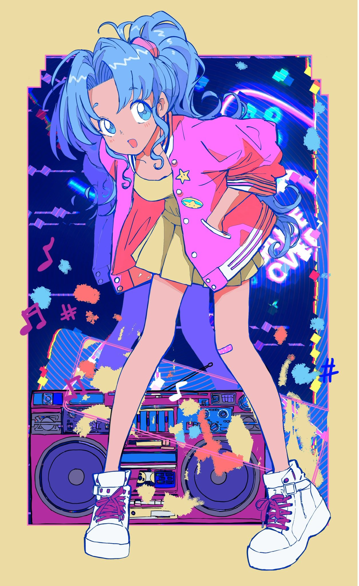 1girl blue_eyes blue_hair boombox botan_(yu_yu_hakusho) english_text full_body highres jacket kajino_(aosansai) long_hair looking_at_viewer open_mouth ponytail shoes skirt smile sneakers solo yu_yu_hakusho