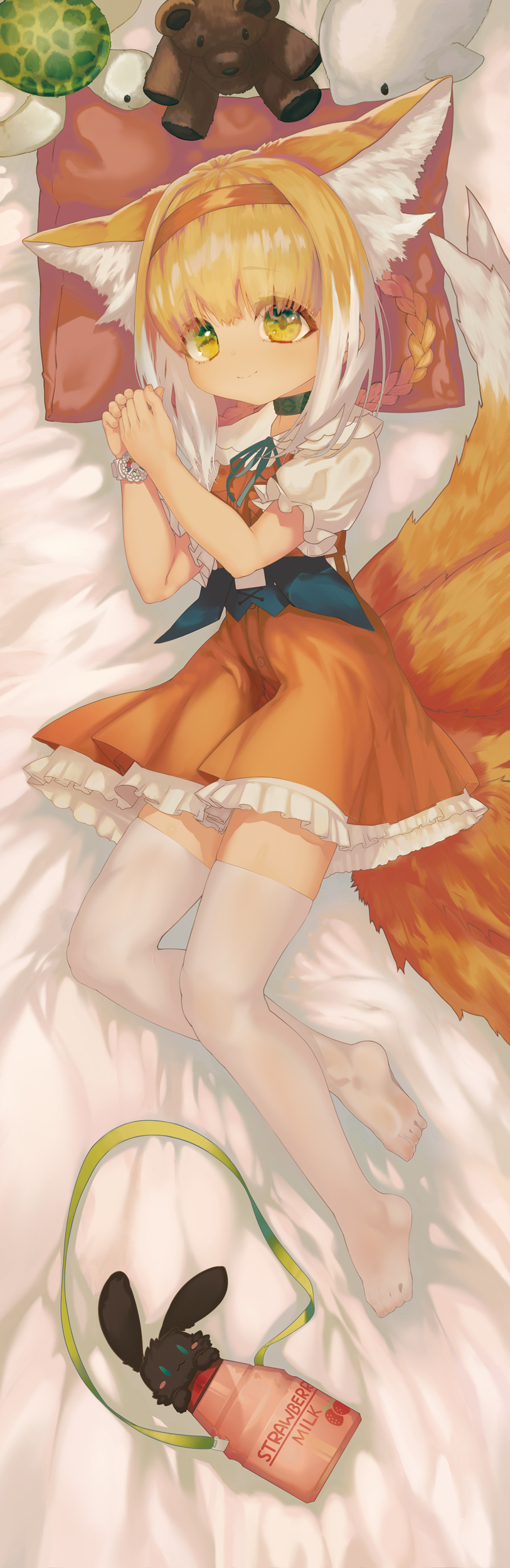 1girl absurdres animal_ear_fluff animal_ears arknights bed_sheet blonde_hair blush braided_hair_rings choshanland_plushy_(arknights) dakimakura_(medium) dress extra_ears fox_ears fox_girl fox_tail frills from_above full_body green_eyes hair_rings hairband hame_ana_zpoo highres infection_monitor_(arknights) kitsune kyuubi looking_at_viewer multicolored_hair multiple_tails no_shoes official_alternate_costume orange_dress orange_hairband own_hands_together pillow ribbon short_hair short_sleeves smile solo strawberry_milk stuffed_animal stuffed_toy suzuran_(arknights) suzuran_(let's_carnival!)_(arknights) tail teddy_bear thighhighs watch wristwatch zettai_ryouiki