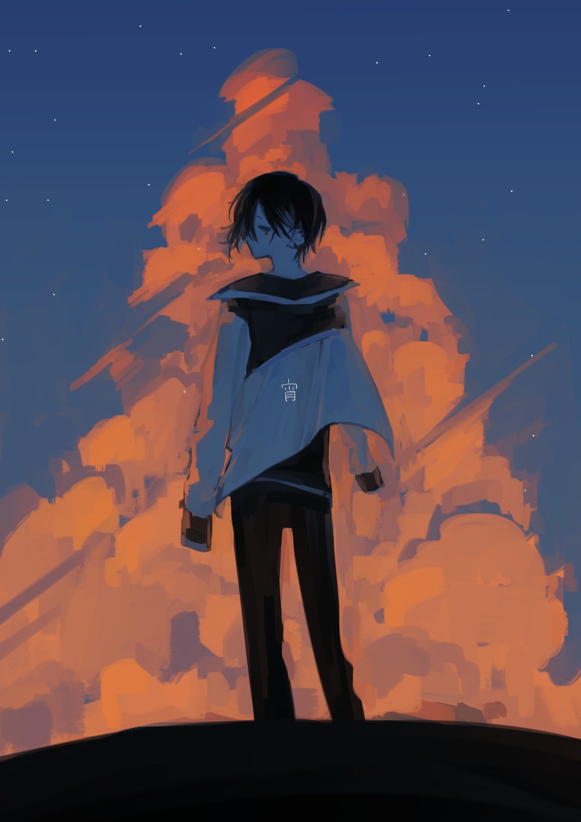 1boy black_hair blue_jacket cloud golden_hour highres hinoenohi8 jacket mayuzumi_kai nijisanji sky solo