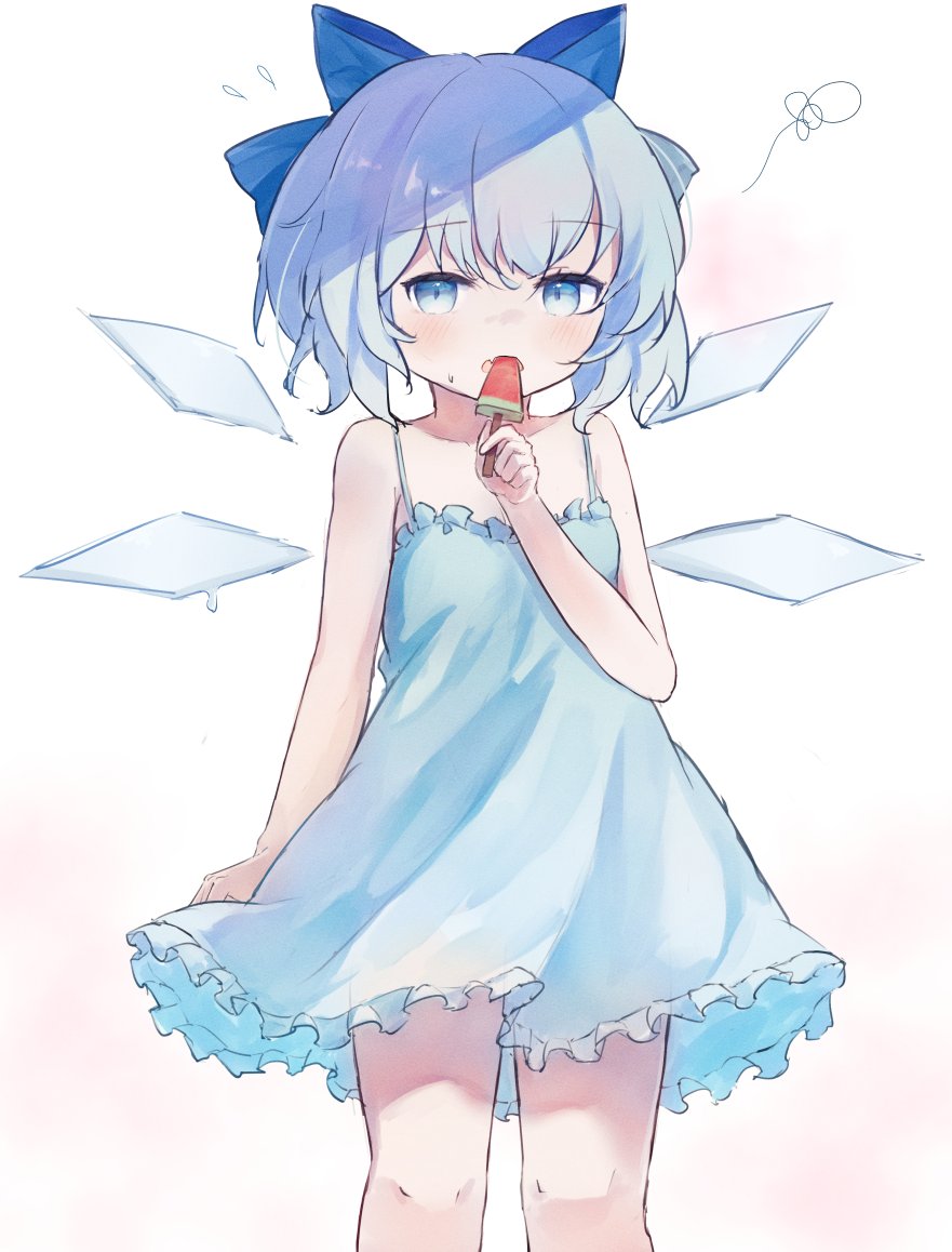 1girl ar_(maeus) bare_shoulders blue_bow blue_dress blue_eyes blue_hair blush bow cirno dress flat_chest food hair_bow ice ice_wings looking_at_viewer open_mouth popsicle short_hair simple_background sketch solo sweat touhou watermelon_bar white_background wings