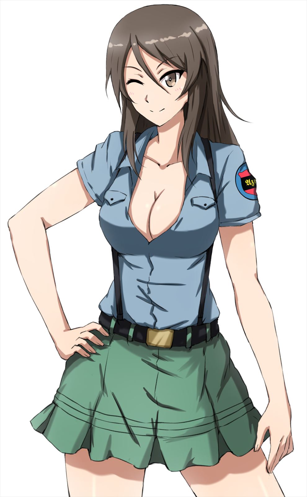 1girl alternate_costume aoshidan_(emblem) aoshidan_school_uniform belt black_belt blue_shirt breasts brown_eyes brown_hair cleavage closed_mouth collared_shirt girls_und_panzer green_skirt hand_on_own_hip highres long_hair looking_at_viewer medium_breasts mika_(girls_und_panzer) no_headwear omachi_(slabco) one_eye_closed school_uniform shirt short_sleeves simple_background skirt smile solo standing suspender_skirt suspenders white_background