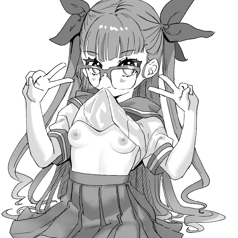 1girl bow breasts clothes_lift double_v glasses hair_bow long_hair looking_at_viewer monochrome multiple_hair_bows nipples ohdo_yuamu pleated_skirt school_uniform serafuku shirt_lift simple_background skirt small_breasts smile v white_background yu-gi-oh! yu-gi-oh!_go_rush!! yuzutaroman