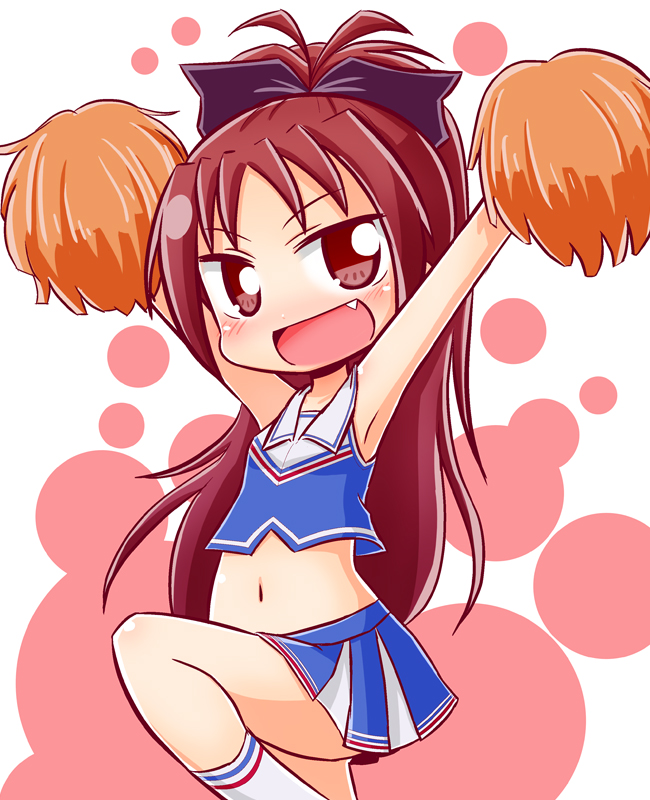 1girl :d armpits arms_up black_ribbon blue_shirt blue_skirt blush cheerleader chibi commentary_request crop_top fang hair_ribbon long_hair mahou_shoujo_madoka_magica midriff naga_u navel parted_bangs pink_background pleated_skirt pom_pom_(cheerleading) ponytail red_eyes red_hair ribbon sakura_kyoko shirt skirt sleeveless sleeveless_shirt smile socks solo standing standing_on_one_leg two-tone_background very_long_hair white_background white_socks