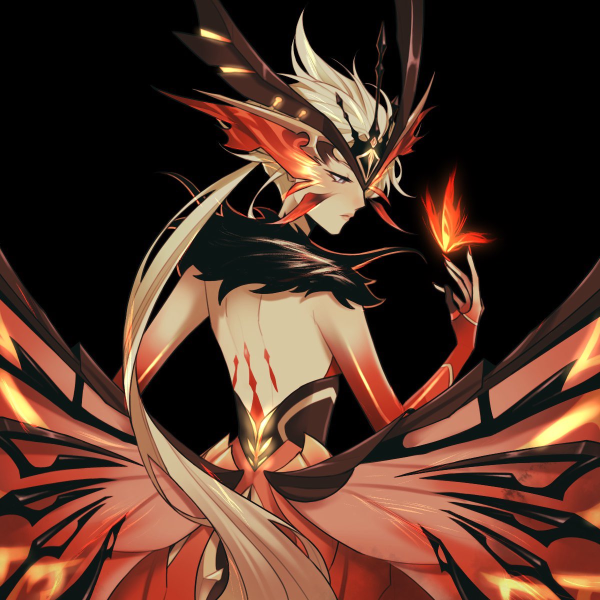 1girl black_background blonde_hair blue_eyes butterfly_mask crimson_lotus_moth_(genshin_impact) dress eye_mask fire fur_trim genshin_impact highres insect_wings kunniho long_hair mask mask_over_one_eye moth_wings ponytail red_dress signora_(crimson_witch_of_embers)_(genshin_impact) signora_(genshin_impact) simple_background solo torn_mask very_long_hair wings