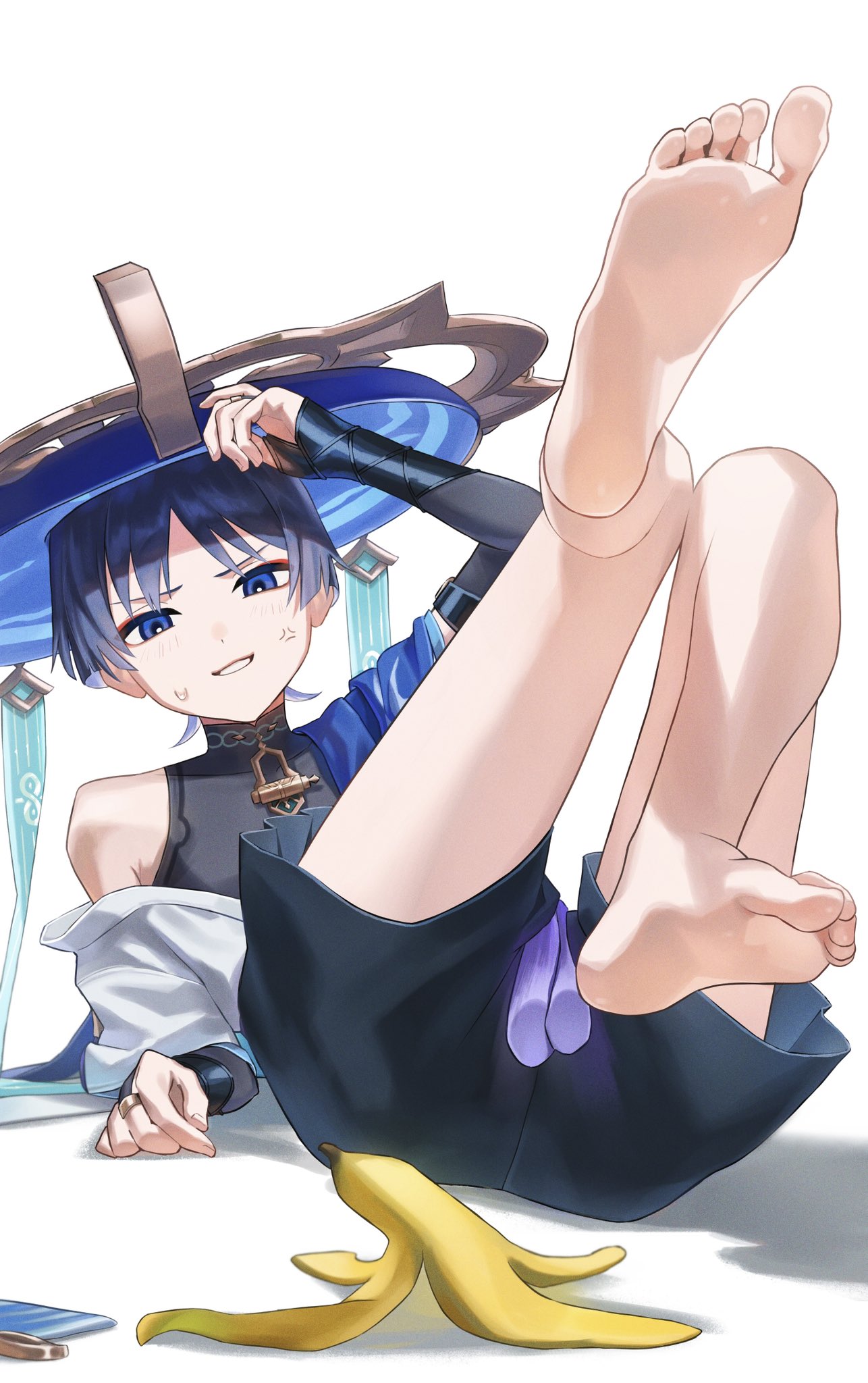 1boy anger_vein banana_peel bare_legs barefoot bishounen black_shorts blue_eyes blue_hair blue_hat bridal_gauntlets commentary_request eyelashes fallen_down feet foot_focus foreshortening genshin_impact hakama hakama_shorts highres io_spr japanese_clothes knees_together_feet_apart looking_at_viewer lying male_focus off_shoulder on_back parted_bangs parted_lips scaramouche_(genshin_impact) shadow short_hair shorts simple_background single_bare_shoulder soles solo toes wanderer_(genshin_impact) white_background