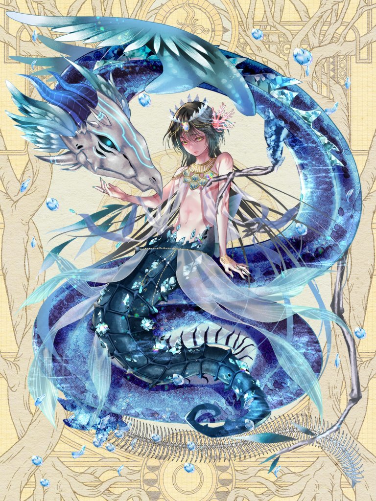 1boy air_bubble animal arm_support bare_arms bare_shoulders black_hair blue_nails bubble closed_mouth coral coral_hair_ornament crown dairoku_ryouhei expressionless fish flapper_shirt full_body hair_between_eyes hand_up ihara_(wi_m0) long_hair looking_at_viewer male_focus merman midriff monster monster_boy nail_polish oversized_animal riolis_violella seahorse see-through see-through_shirt see-through_skirt shirt sitting sitting_on_animal skirt sleeveless sleeveless_shirt snake solo usekh_collar white_shirt white_skirt yellow_background yellow_eyes