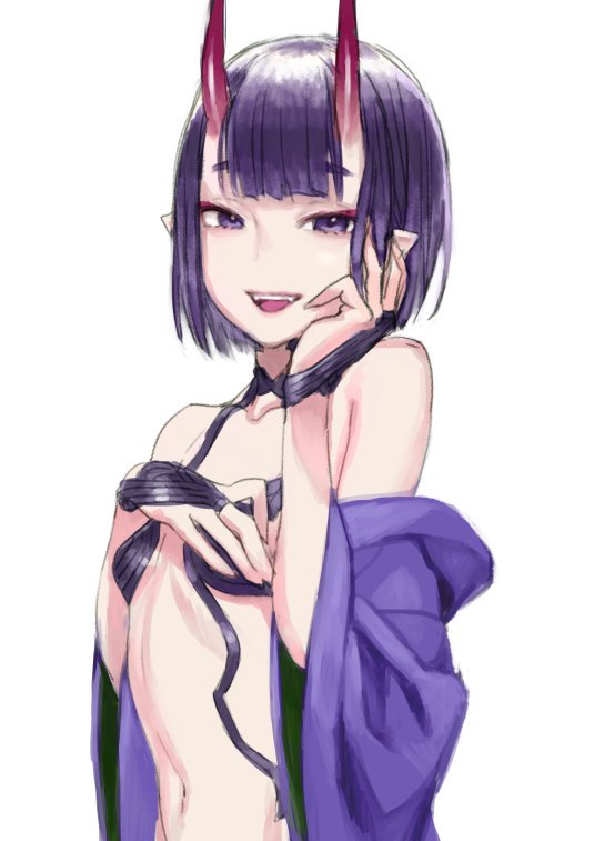 1girl bare_shoulders breasts fate/grand_order fate_(series) horns japanese_clothes kimono looking_at_viewer navel oni open_clothes open_kimono open_mouth pointy_ears purple_eyes purple_hair purple_kimono revealing_clothes short_hair shuten_douji_(fate) simple_background skin-covered_horns small_breasts smile solo takuan_(takuanlunch) upper_body white_background