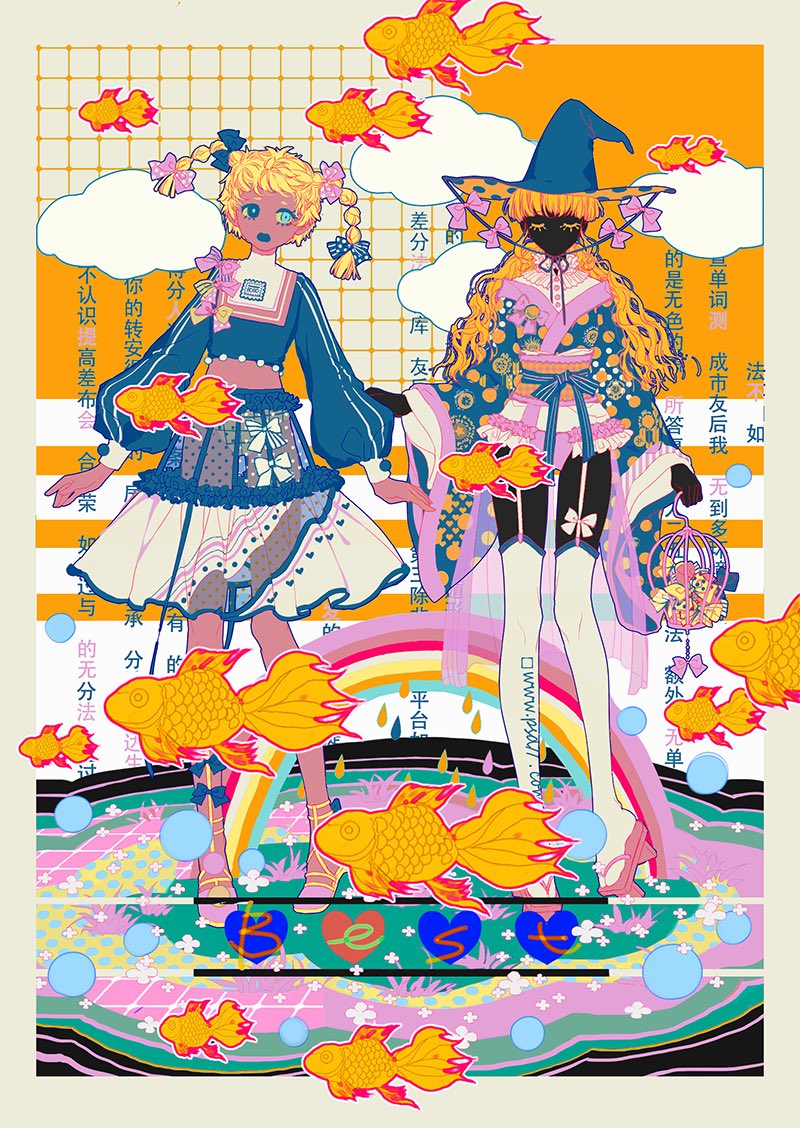 2girls asymmetrical_footwear black_skin blonde_hair blue_bow blue_eyes blue_hat blue_kimono blue_lips blue_ribbon blue_shirt blue_sleeves blunt_bangs border bow bow_legwear bowtie braid bubble buttons cage chinese_text choker closed_eyes closed_mouth cloud colored_eyelashes colored_skin cropped_shirt expressionless fish flower flying_fish frilled_choker frills full_body geta grass grid_background hair_bow hat heart heart_print heterochromia holding holding_cage japanese_clothes kimono knees koi lips long_hair long_sleeves looking_at_viewer medium_skirt midriff multiple_girls multiple_hair_bows neck_ribbon no_mouth orange_background original panties pink_bow pink_bowtie pink_footwear pink_skin polka_dot polka_dot_bow polka_dot_bowtie polka_dot_headwear polka_dot_kimono polka_dot_skirt polka_dot_sleeves puffy_long_sleeves puffy_sleeves rainbow ribbed_legwear ribbon sandals see-through see-through_skirt shirt short_kimono skirt striped_bow striped_bowtie striped_clothes thighhighs twin_braids two-sided_fabric two-sided_headwear two-tone_background two-tone_bowtie underwear water_drop wavy_hair white_background white_border white_bow white_flower white_panties white_shirt white_skirt white_thighhighs wide_sleeves witch_hat wu_shoushou yellow_bow yellow_bowtie yellow_footwear yellow_hat