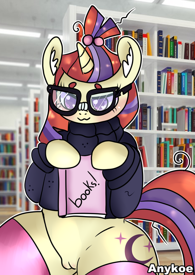 anykoe book broken_glasses clothing equid equine eyewear female feral footwear friendship_is_magic genitals glasses hair hasbro horn inner_ear_fluff latex library looking_at_viewer mammal messy_hair moondancer_(mlp) my_little_pony mythological_creature mythological_equine mythology pussy signature socks solo sweater text topwear tuft unicorn