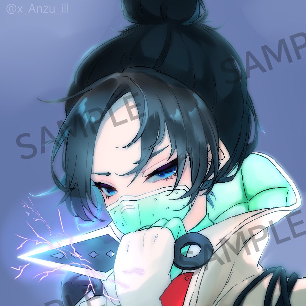 1girl animification anzu_(x_anzu_ill) apex_legends black_hair blue_background blue_eyes hair_bun half-closed_eyes holding holding_knife jacket knife kunai looking_at_viewer mask mouth_mask parted_bangs portrait quarantine_722_wraith sample_watermark single_hair_bun solo watermark weapon white_jacket wraith's_kunai wraith_(apex_legends)