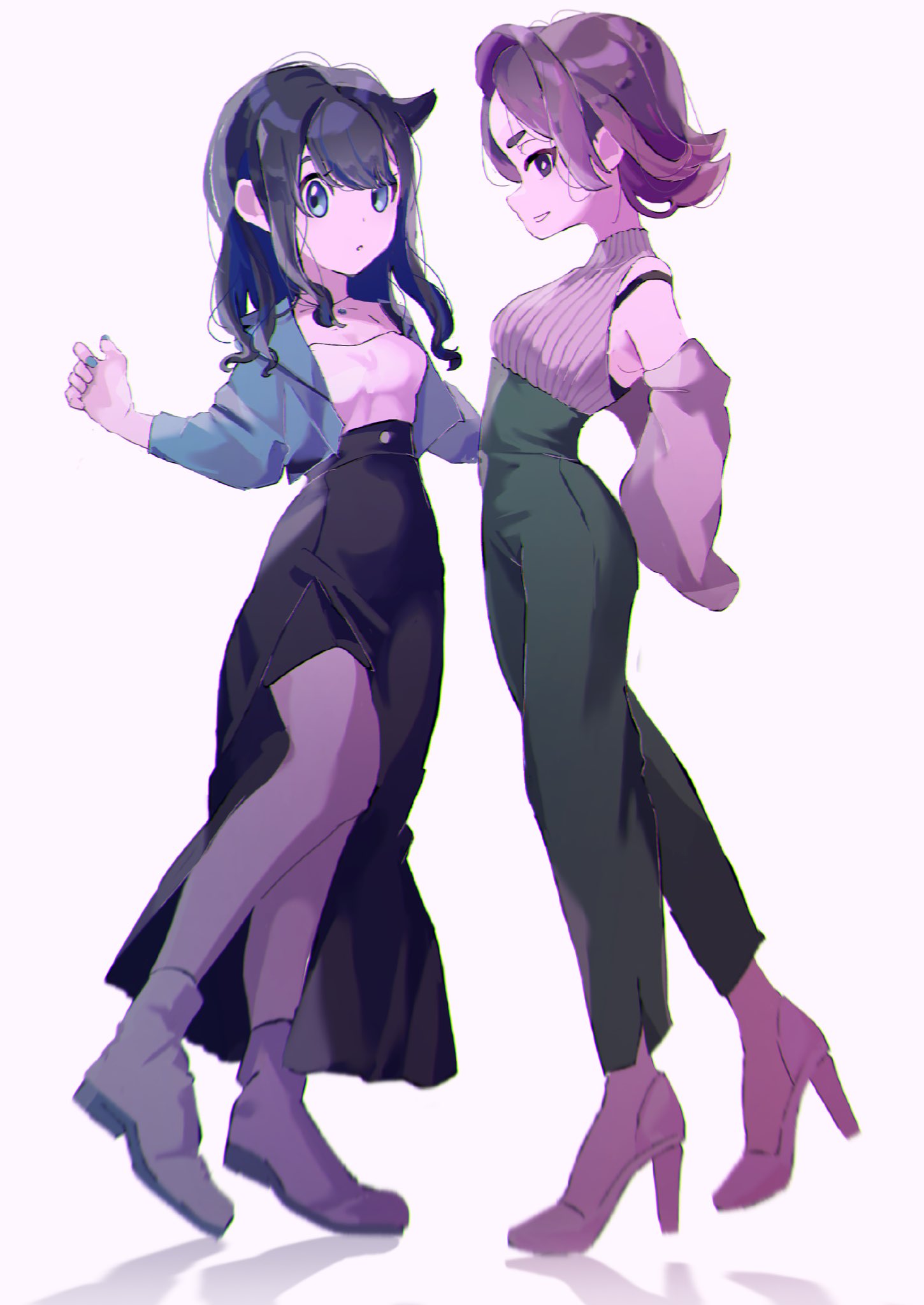 2girls black_hair black_skirt blue_eyes blue_hair closed_mouth dot_(pokemon) green_pants hair_over_eyes high_heels highres jacket liko_(pokemon) long_skirt long_sleeves multicolored_hair multiple_girls open_clothes open_jacket pants pink_hair pokemon pokemon_(anime) pokemon_horizons purple_eyes purple_hair shirt shoes skirt sleeveless white_shirt xh8sr