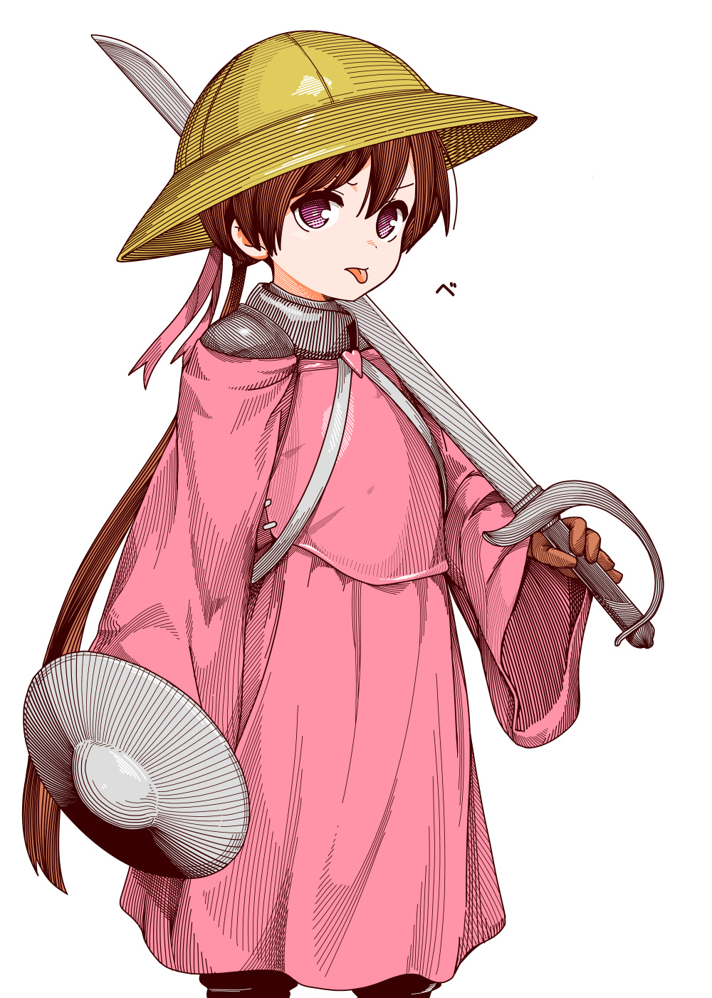 1girl adapted_costume armor armor_under_clothes breastplate brown_hair buckler closed_mouth dress feet_out_of_frame glaring hat helmet highres holding holding_shield holding_sword holding_weapon long_hair long_sleeves looking_at_viewer low_twintails namae_(koubutunado) off-shoulder_dress off_shoulder over_shoulder pink_dress purple_eyes saber_(weapon) school_hat shield simple_background solo standing sword tongue tongue_out tsukuyomi_ai twintails voiceroid weapon weapon_over_shoulder