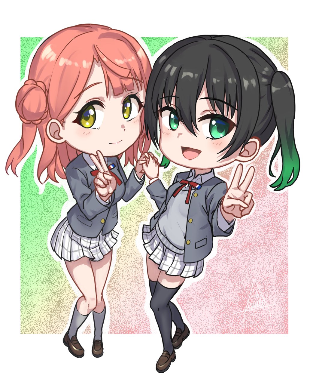 2girls asueli_ex black_hair black_jacket black_thighhighs blunt_bangs blush border brown_footwear chibi closed_mouth collared_shirt commentary_request full_body gradient_background gradient_hair green_eyes green_hair grey_socks grey_vest hair_between_eyes hair_bun highres holding_hands jacket kneehighs loafers long_sleeves looking_at_viewer love_live! love_live!_nijigasaki_high_school_idol_club medium_hair multicolored_hair multiple_girls neck_ribbon nijigasaki_academy_school_uniform open_clothes open_jacket open_mouth outside_border pink_hair plaid plaid_skirt pleated_skirt red_ribbon ribbon school_uniform shirt shoes sidelocks single_side_bun skirt socks standing takasaki_yu thighhighs twintails uehara_ayumu v vest white_border white_shirt white_skirt winter_uniform yellow_eyes zettai_ryouiki