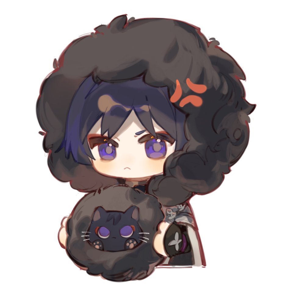 1boy animal armor black_cat black_hair cat chibi closed_mouth coat fur-trimmed_coat fur_trim genshin_impact hair_between_eyes holding holding_animal holding_cat hood hood_up hooded_coat japanese_armor japanese_clothes kote kurokote looking_at_viewer male_focus maomaoyu purple_eyes scaramouche_(cat)_(genshin_impact) scaramouche_(genshin_impact) simple_background white_background