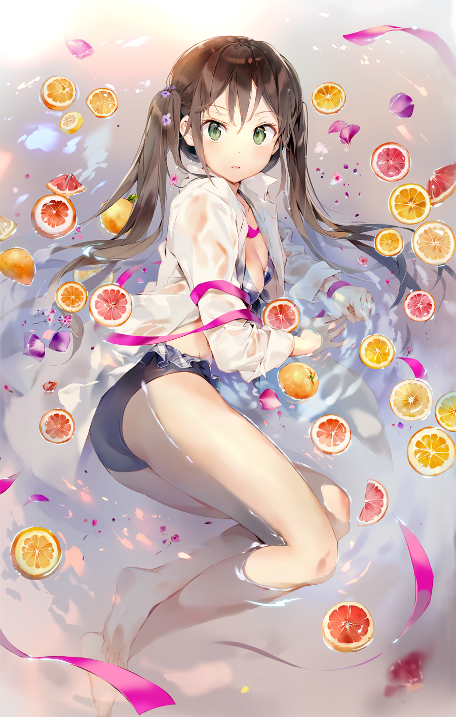1girl ass barefoot bikini black_bikini breasts brown_hair cleavage collared_shirt dress_shirt food front-tie_bikini front-tie_top fruit gilse green_eyes hair_ornament highres lemon lemon_slice long_hair long_sleeves looking_at_viewer miniskirt open_clothes open_shirt original parted_lips petals petals_on_liquid plaid plaid_bikini see-through shirt sidelocks skirt small_breasts solo swimsuit thighs twintails water wet wet_clothes wet_shirt