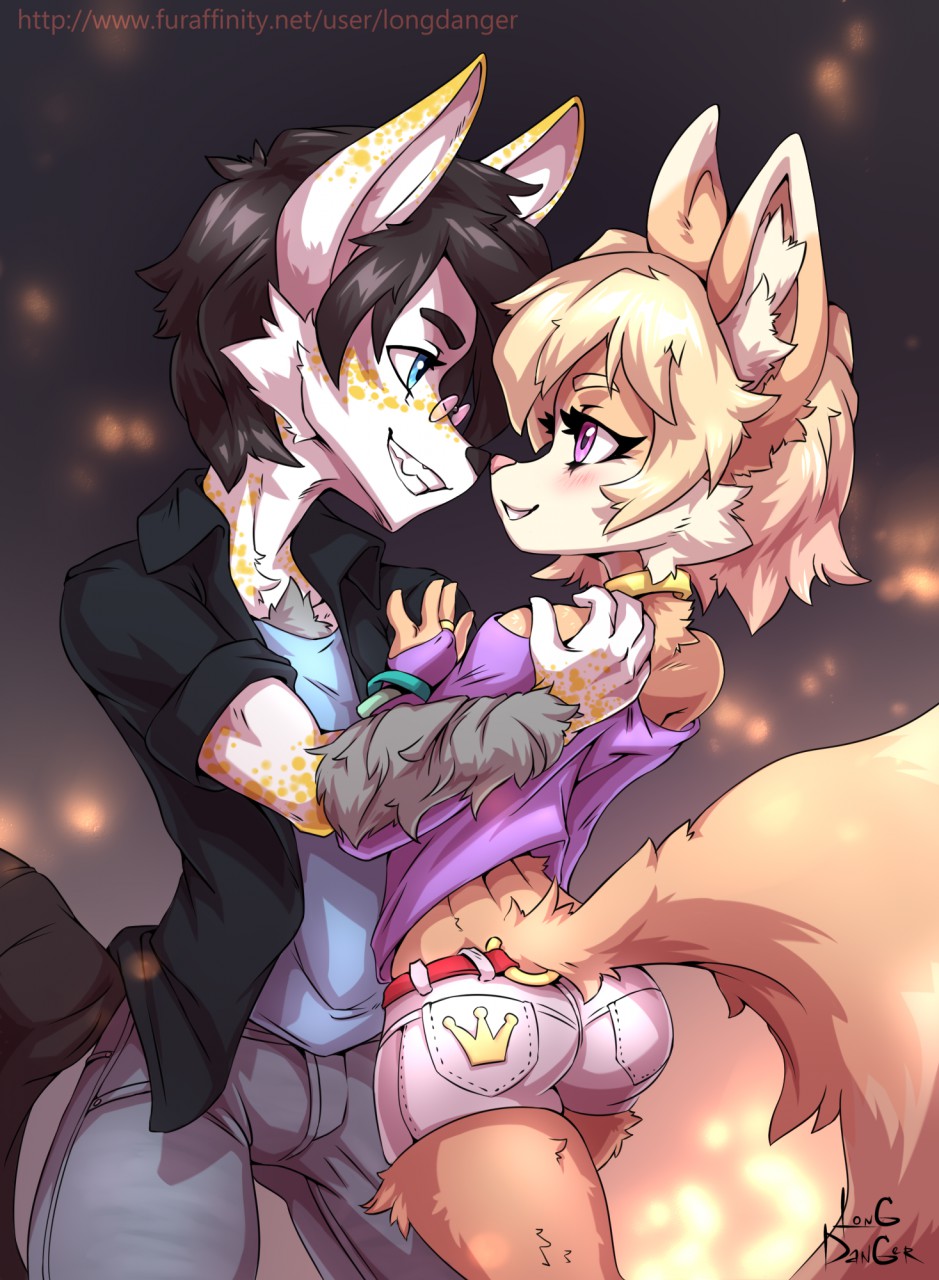 2020 5_fingers anthro butt canid canine canis clothed clothing digital_media_(artwork) domestic_dog duo eye_contact female fingers hi_res longdanger looking_at_another male mammal smile standing