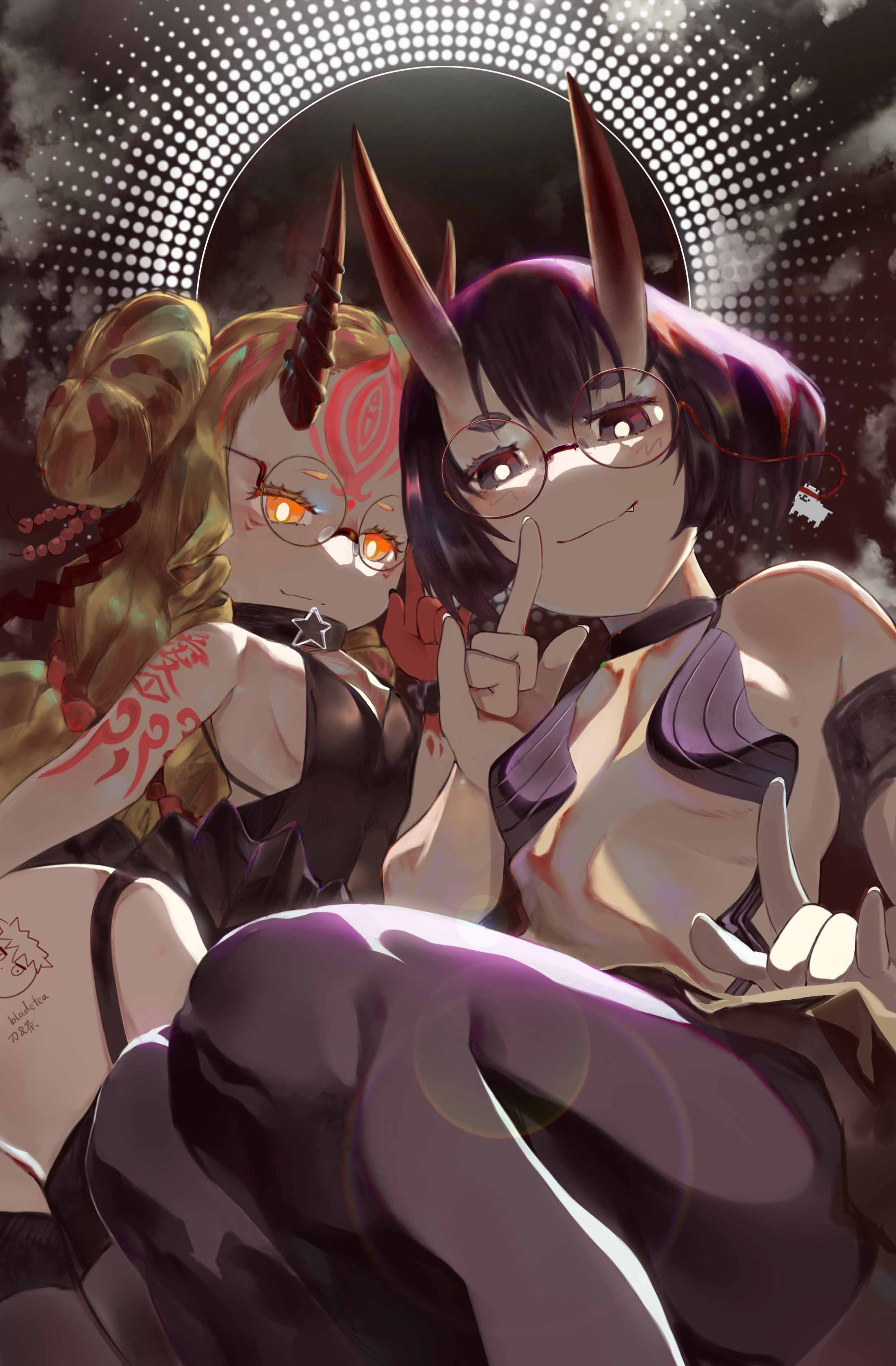 2girls absurdres bangs bare_shoulders black_dress black_legwear bladetea blonde_hair bob_cut breasts choker closed_mouth contemporary double_bun dress eyeliner facial_mark fang fate/grand_order fate_(series) forehead forehead_mark garter_straps glasses hair_pulled_back highres horns ibaraki_douji_(fate/grand_order) looking_at_viewer makeup multiple_girls oni oni_horns pointy_ears purple_eyes purple_hair short_hair shuten_douji_(fate/grand_order) sitting skin-covered_horns small_breasts smile tattoo thighs yellow_eyes