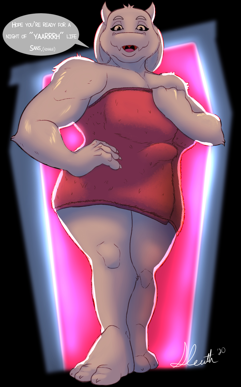 10:16 3_toes 4_fingers anthro bovid caprine female fingers goat hi_res horn humor mammal overweight pun sleuth solo speech_bubble thick_thighs toes toriel_(underfell) towel wide_hips