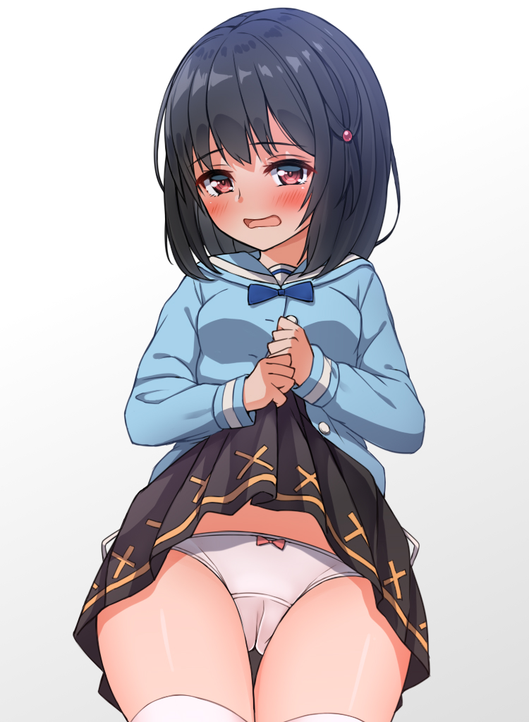 1girl bangs black_hair black_skirt blue_bow blue_sailor_collar blue_shirt blush bow bow_panties breasts cameltoe chaostein commentary_request eyebrows_visible_through_hair gradient gradient_background granblue_fantasy grey_background hair_ornament lifted_by_self long_hair long_sleeves looking_at_viewer open_mouth panties pleated_skirt red_eyes sailor_collar shirt skirt skirt_lift small_breasts solo thigh_gap thighhighs underwear vikala_(granblue_fantasy) white_background white_legwear white_panties