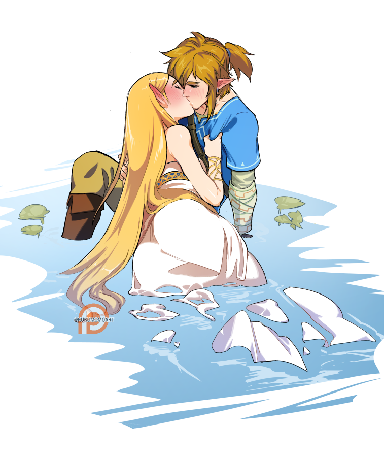 2020 blonde_hair blush breath_of_the_wild clothed clothing digital_media_(artwork) duo eyes_closed female hair humanoid humanoid_on_humanoid humanoid_pointy_ears hylian kissing kukumomo link long_hair male male/female mammal nintendo not_furry partially_submerged princess_zelda simple_background the_legend_of_zelda video_games water