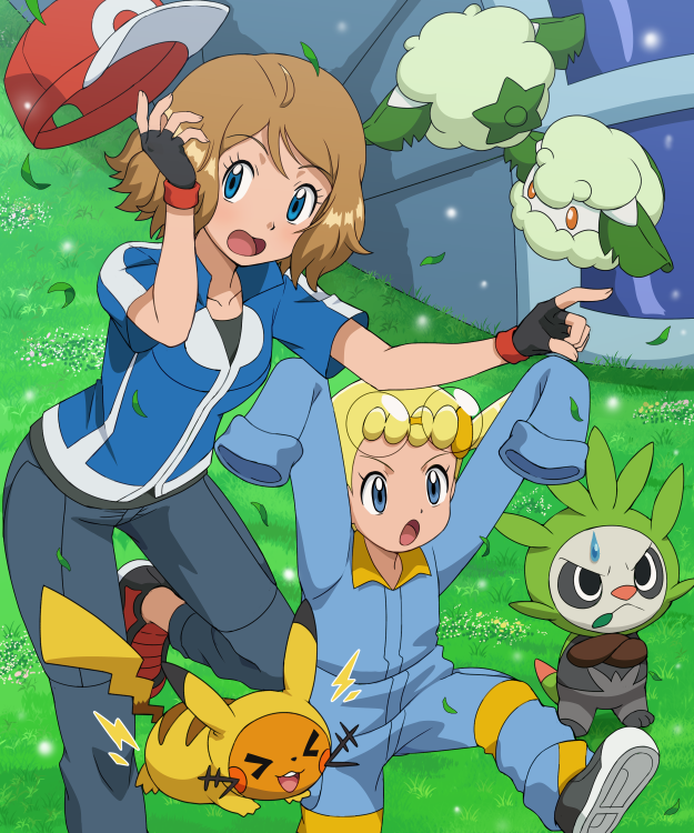 2girls age_difference bangs baseball_cap blonde_hair blue_eyes blue_jacket brown_hair child citron_(pokemon) citron_(pokemon)_(cosplay) collarbone cosplay cottonee day dedenne eureka_(pokemon) eyebrows_visible_through_hair eyelashes eyewear_on_head fingerless_gloves gen_1_pokemon gen_5_pokemon gen_6_pokemon glasses gloves grass hat jacket multiple_girls open_mouth outdoors oversized_clothes pancham pants pikachu pikachu_(cosplay) pokemoa pokemon pokemon_(anime) pokemon_(creature) pokemon_xy_(anime) red_headwear satoshi_(pokemon) satoshi_(pokemon)_(cosplay) serena_(pokemon) shiny shiny_hair short_hair standing standing_on_one_leg sweatdrop tent tongue two-tone_jacket wind