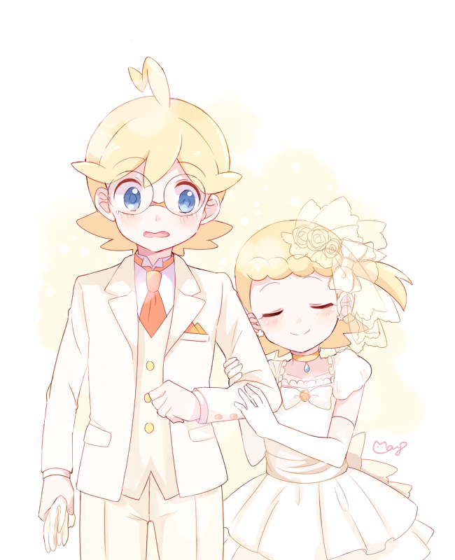 1boy 1girl blonde_hair blue_eyes blush bow bridal_gauntlets bridal_veil bride brother_and_sister choker citron_(pokemon) closed_eyes collared_shirt commentary_request cowboy_shot dress earrings elbow_gloves eureka_(pokemon) flower formal glasses gloves groom hair_flower hair_ornament handkerchief holding_gloves incest jacket jewelry looking_at_another mei_(maysroom) necktie pants pokemon pokemon_(anime) pokemon_xy_(anime) red_neckwear shirt siblings side_ponytail signature smile suit veil wedding_dress white_bow white_dress white_gloves white_jacket white_pants white_shirt white_suit yellow_choker