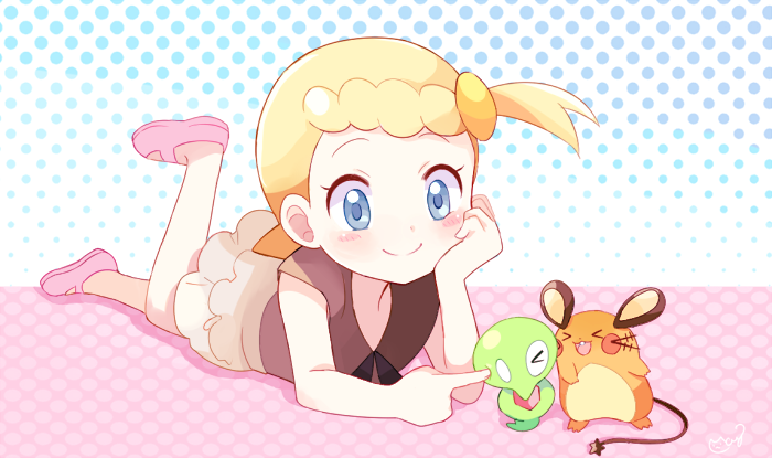 &gt;_&lt; 1girl bike_shorts black_shorts blonde_hair blue_eyes blue_polka_dots blush commentary_request dedenne eureka_(pokemon) gen_6_pokemon hand_on_own_chin leg_up legendary_pokemon looking_at_another lying mary_janes mei_(maysroom) no_socks on_stomach open_mouth petting pink_footwear pink_polka_dots pokemon pokemon_(anime) pokemon_(creature) pokemon_xy_(anime) polka_dot polka_dot_background puni_(pokemon) shoes short_hair shorts side_ponytail signature skirt smile two-tone_background white_skirt zygarde zygarde_core