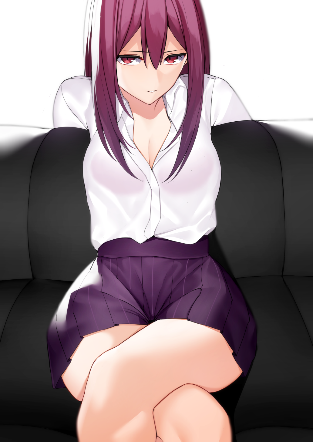 1girl bare_legs breasts cleavage crossed_legs fate_(series) hands_on_own_back highres long_hair looking_at_viewer mairudo_(mildcoffee1117) on_bed purple_hair purple_skirt red_eyes scathach_(fate)_(all) scathach_(fate/grand_order) school_uniform serious shirt sitting sitting_on_bed skirt solo uniform white_background white_shirt