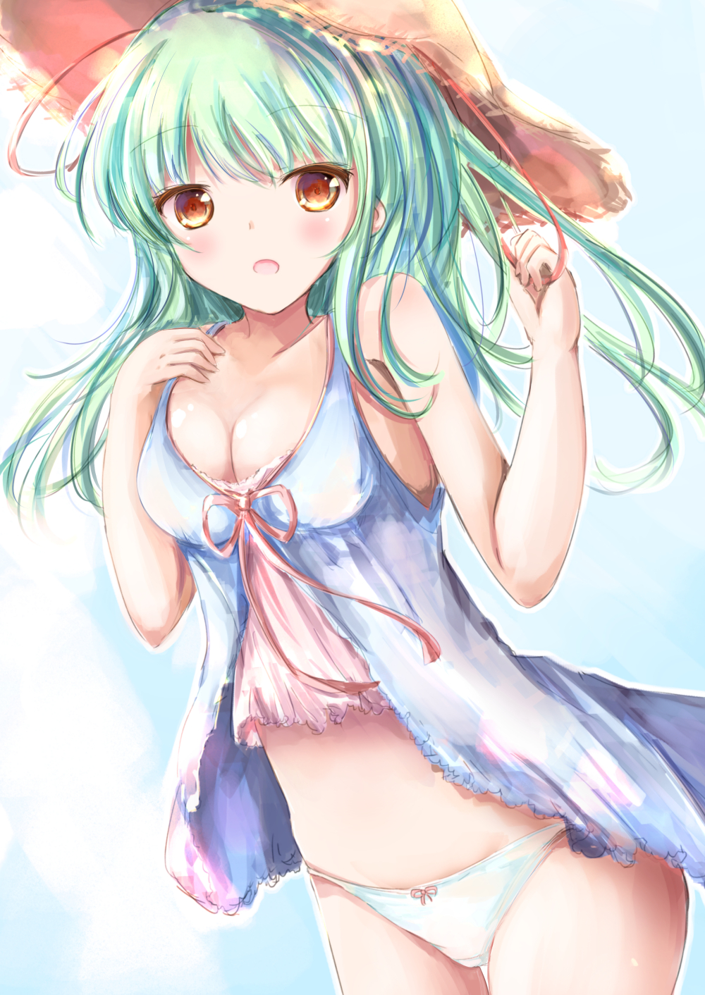bangs bare_arms bare_shoulders blue_dress blush bow bow_panties breasts brown_eyes brown_headwear cleavage collarbone commentary_request cowboy_shot dress eyebrows_visible_through_hair green_hair hands_up hat highres long_hair medium_breasts open_mouth original panties shihou_haru sleeveless sleeveless_dress solo straw_hat thigh_gap underwear white_panties
