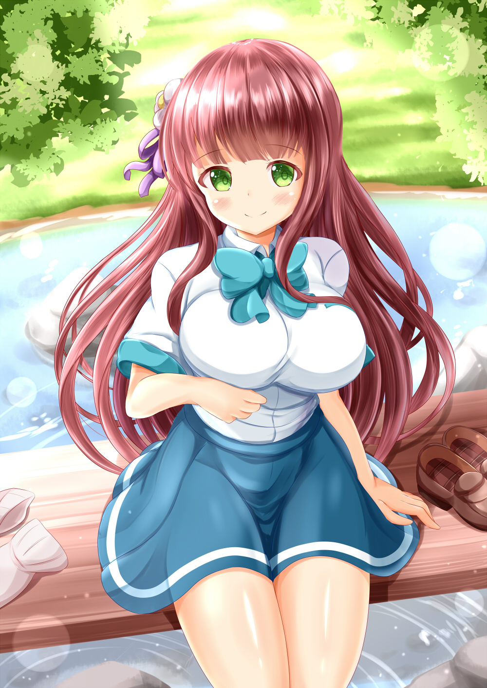 1girl bangs blue_bow blue_skirt blush bow breasts brown_footwear brown_hair closed_mouth collared_shirt commentary_request day dress_shirt eyebrows_visible_through_hair flower gochuumon_wa_usagi_desu_ka? green_eyes hair_flower hair_ornament hair_ribbon highres large_breasts loafers long_hair outdoors purple_ribbon ribbon shirt shoes shoes_removed short_sleeves sitting skirt smile socks socks_removed solo sunlight ujimatsu_chiya very_long_hair water white_flower white_legwear white_shirt zenon_(for_achieve)