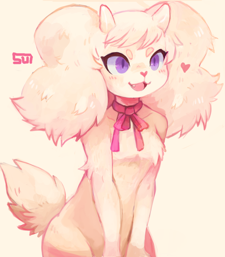 &lt;3 &lt;3_nose 2020 anthro bangs blush bow_tie canid canine canis circle_eyebrows cute_fangs digital_media_(artwork) digital_painting_(artwork) domestic_dog eyebrows female fluffy fluffy_ears fluffy_tail fur half-length_portrait mammal pink_theme portrait purple_eyes red_bow red_ribbon ribbons short_tail signature simple_background solo suizilla tan_background tan_body tan_fur tuft