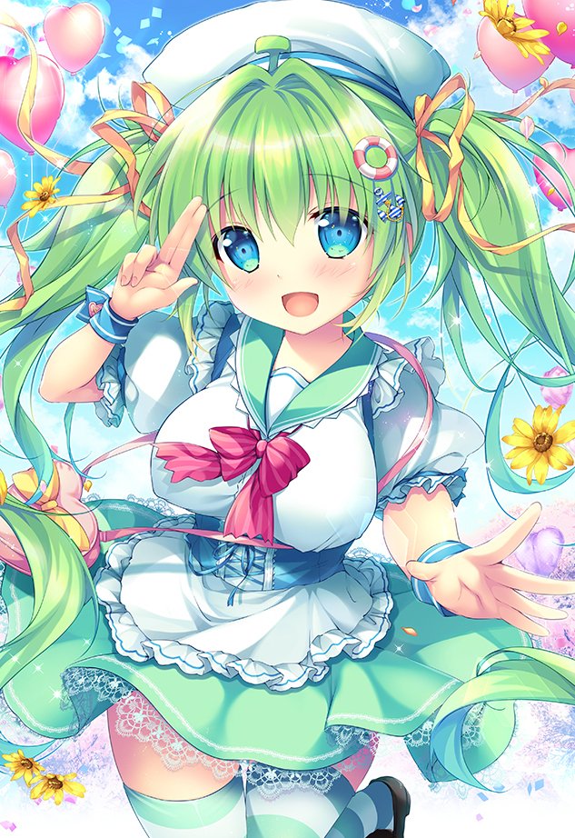 1girl :d anchor_hair_ornament apron bag balloon bangs blue_eyes blue_sky blush bow breasts cloud commentary_request corset day eyebrows_visible_through_hair finger_to_face fingernails flower frilled_apron frilled_skirt frills green_hair green_legwear green_skirt hair_ornament hair_ribbon handbag hat long_hair looking_at_viewer melon-chan mikeou open_mouth outdoors puffy_short_sleeves puffy_sleeves ribbon sailor_collar sailor_hat salute shirt shoes short_sleeves skirt sky smile solo standing standing_on_one_leg striped striped_legwear thighhighs twintails two-finger_salute waist_apron wristband yellow_flower